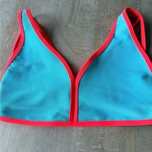 Women’s Ribbed Turquoise Crop Top with Coral Trim